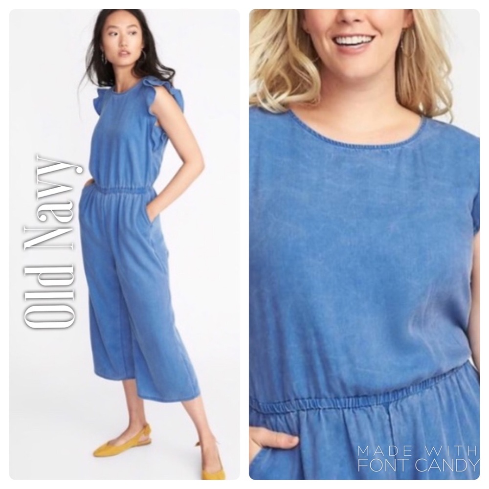 Old Navy Tencel Chambray Jumpsuit Ruffle Sleeve